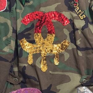 Upcycled Camo Jacket Chanel Inspired Dior Paris Sequin Patch Military Small